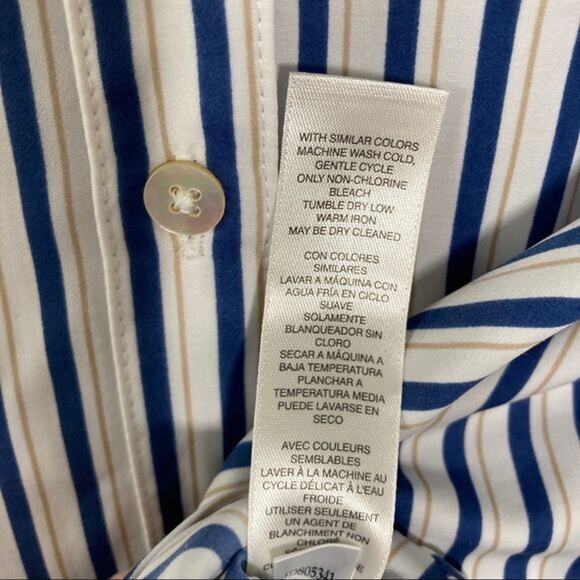 Chico's Wms Sz 0 Blue White Gold Striped Button Up Blouse Career Casual Roll Tab - Picture 10 of 11